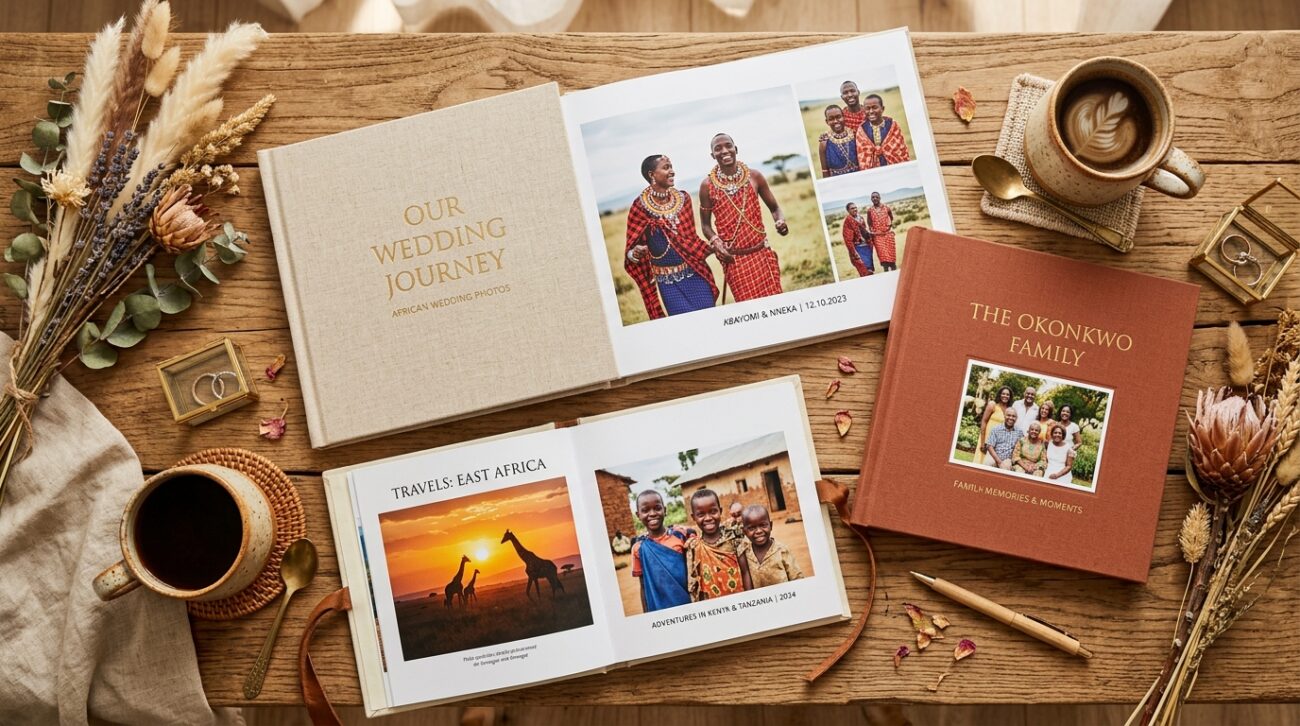 Livre photo personnalisé ouvert avec photos de famille imprimées sur papier – SENBOOK Sénégal